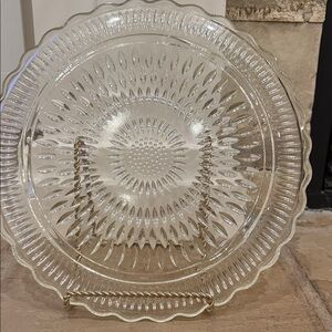 VTG Pressed Glass Serving Tray/Cake‎ Plate Three small pedestal Scalloped Edge